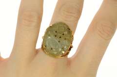 14K Yellow Gold Carved Floral Ornate Jade Retro Cocktail Ring