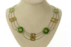 18K Yellow Gold Ornate Carved Chinese Jade Bi Disk Chain Necklace