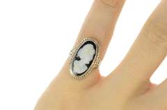 14K White Gold Art Deco Ornate Filigree Carved Onyx Cameo Ring