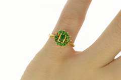 18K Yellow Gold Natural Emerald Halo Retro Statement Cocktail Ring