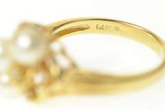 14K Yellow Gold Ornate Pearl Diamond Swirl Cluster Statement Ring