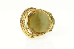 14K Yellow Gold Carved Floral Ornate Jade Retro Cocktail Ring