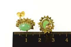 14K Yellow Gold Victorian Ornate Oval Jade Cabochon Stud Earrings