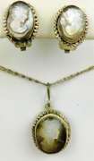 Early 800 Silver Carved Shell Cameo Necklace & Earrings