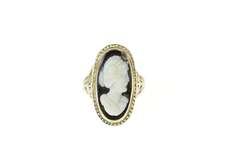 14K White Gold Art Deco Ornate Filigree Carved Onyx Cameo Ring
