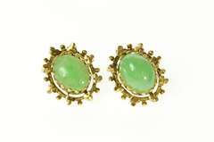 14K Yellow Gold Victorian Ornate Oval Jade Cabochon Stud Earrings