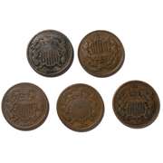 5 Assorted 1864 -66  2 Cent Pieces