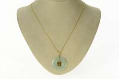 14K Yellow Gold Chinese Symbol Happiness Carved Jade Circle Pendant