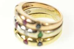 14K Yellow Gold Tiered Tri Tone Ruby Sapphire Emerald Diamond Ring