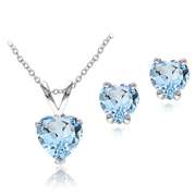Sterling Silver 2.4ct TGW Blue Topaz Heart Solitaire Pendant & Stud Earrings Set, 18"
