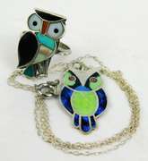 Sterling Enamel & Gemstone Owl Necklace & Ring