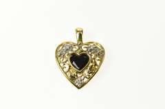 10K Yellow Gold Heart Sapphire Diamond Accent Filigree Pendant