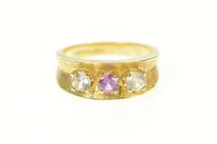 14K Yellow Gold 1950's CZ Pink Topaz Concave Textured Band Ring