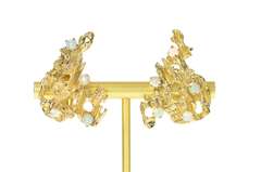 14K Yellow Gold Retro Opal Brutalist Abstract Clip Back Earrings