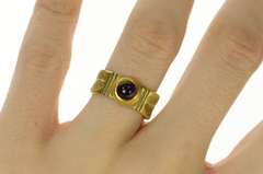 18K Yellow Gold Ornate Retro Amethyst Leaf Etched Ring