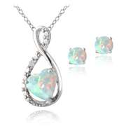 Sterling Silver Created Opal & Diamond Accent Infinity Heart Pendant and Stud Earrings Set