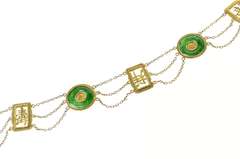 18K Yellow Gold Ornate Carved Chinese Jade Bi Disk Chain Necklace