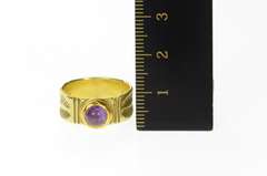 18K Yellow Gold Ornate Retro Amethyst Leaf Etched Ring