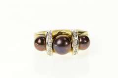 14K Yellow Gold Three Stone Burgundy Pearl Diamond Statement Ring