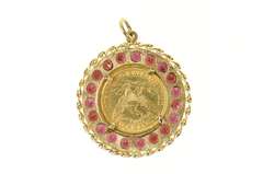 14K Yellow Gold 1907 Liberty Head $5 Garnet Halo Coin Charm/Pendant