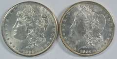 Choice BU 1899-O and 1904-O Morgan Silver Dollars