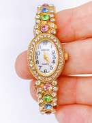 Ladies Geneva & Gemstone Cuff Watch, 18kt Gold Plated