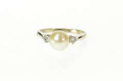14K White Gold Three Stone Retro Classic Pearl CZ Accent Ring