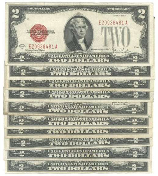 10 Nicer Series of 1928 $2 Red Seal Notes in circ