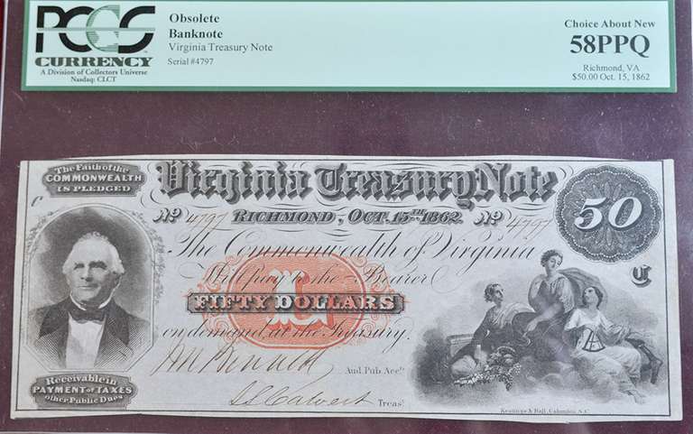 Ceritfied Civil War Era Virginia $50 Treasury Note