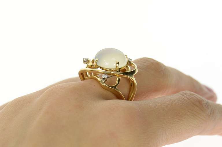 14K Yellow Gold Retro Ornate Moonstone Diamond Statement Ring