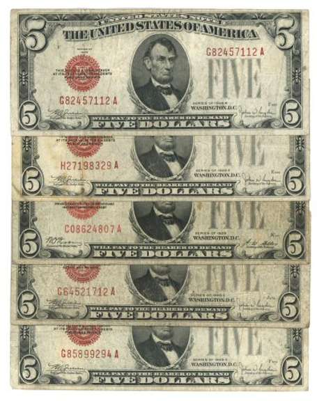 5 Series of 1928 Small Size $5 Red Seal Notes