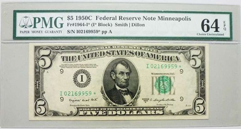 Crisp Exceptional 1950C $5 Star Note FRB Minneapolis PMG 64 EPQ!