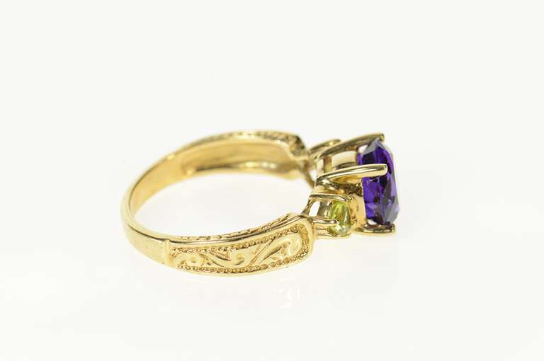 10K Yellow Gold Amethyst Peridot Ornate Scroll Design Ring