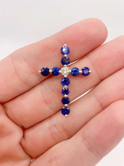 14kt Gold, Blue Sapphire, & Diamond Cross Pendant