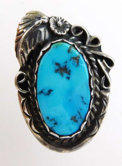 Vintage Signed N.A. Indian Sterling Turquoise Ring, 5.5