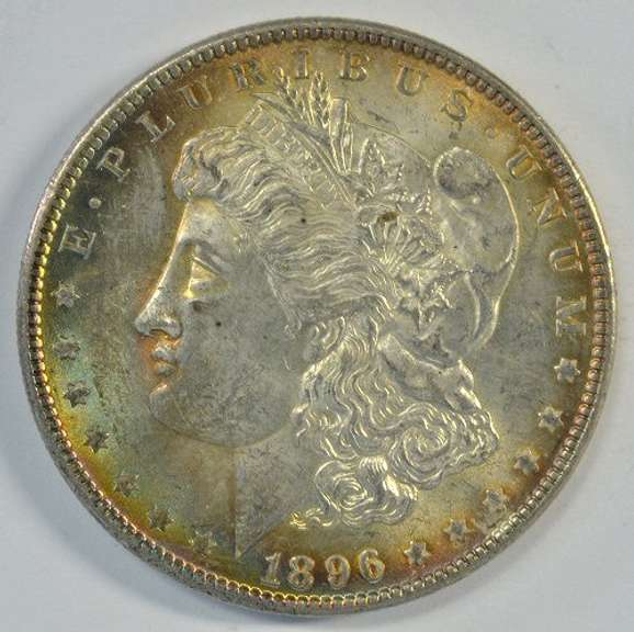 Great rainbow toned choice BU 1896 Morgan Silver Dollar