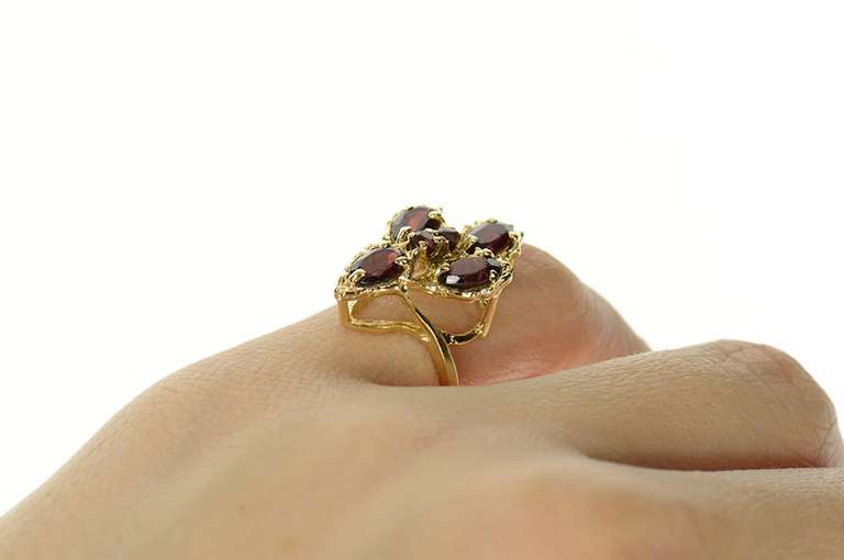 14K Yellow Gold Ornate Garnet Elaborate Cluster Chevron Ring
