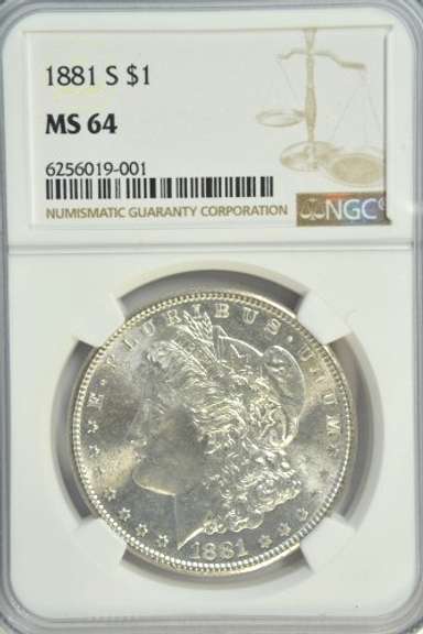Blazing near Gem 1881-S Morgan Silver Dollar. NGC MS64