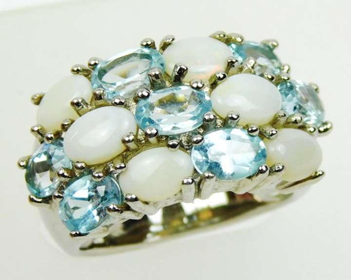 Beautiful Wide Sterling Ring of Opals & Blue Topaz, 7.5