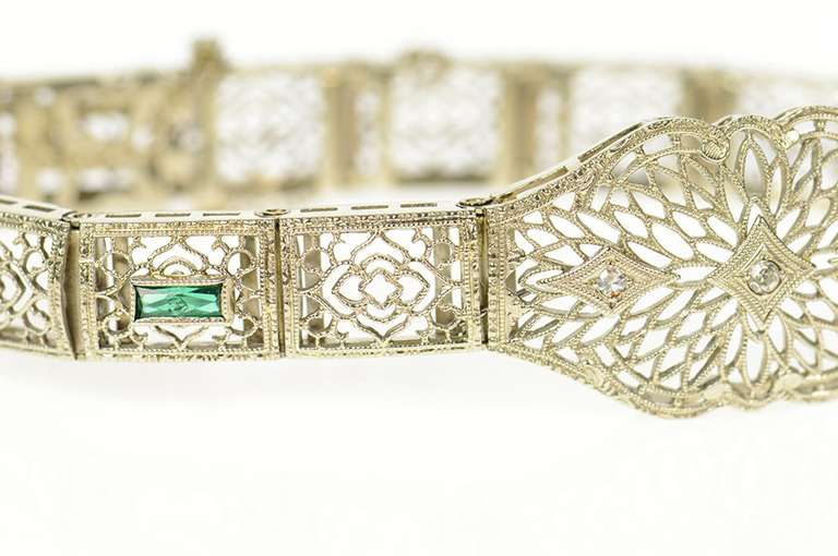 14K White Gold Art Deco Filigree Diamond Syn Emerald Bracelet