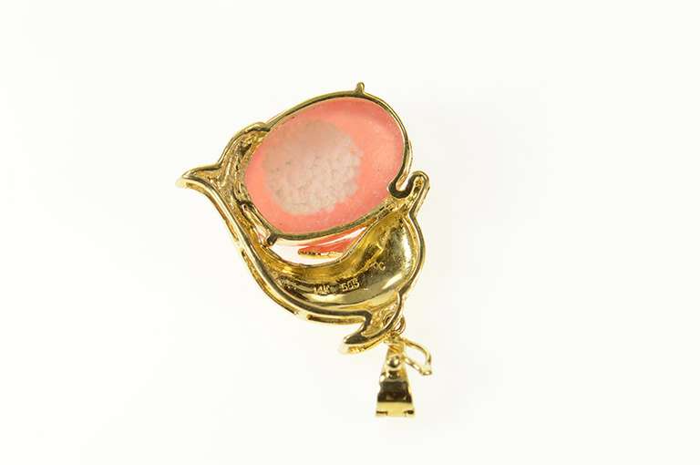14K Yellow Gold Rhodochrosite Cabochon Dolphin Statement Pendant