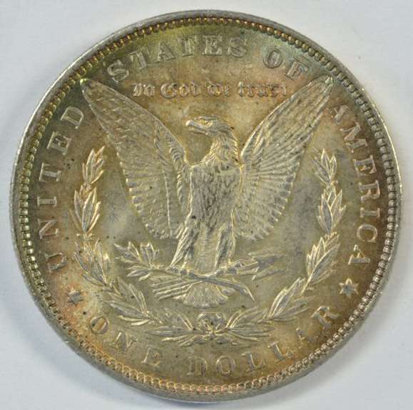 Great rainbow toned choice BU 1896 Morgan Silver Dollar