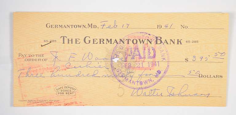 Walter Johnson Washington Senators Signed/Autographed Bank Check 1941