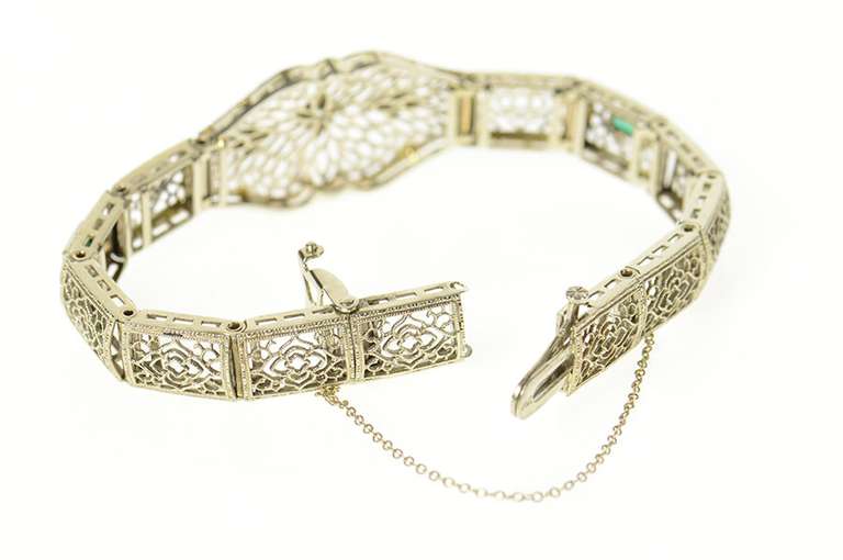 14K White Gold Art Deco Filigree Diamond Syn Emerald Bracelet