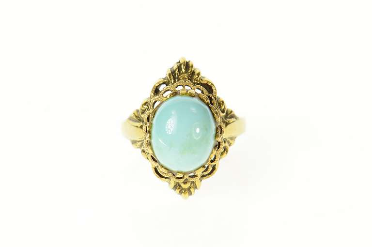 14K Yellow Gold Ornate Turquoise Cabochon Scroll Cocktail Ring