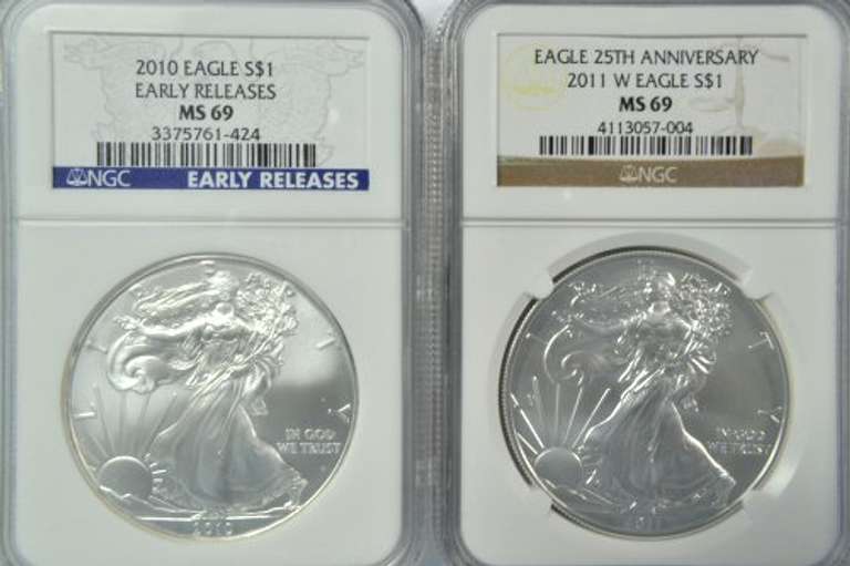 NGC MS69 2010 ER & 2011-W 25th Anniv MS70 $1 Silver Eagles