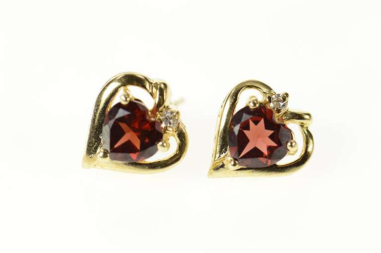 10K Yellow Gold Heart Garnet Diamond Accent Stud Earrings