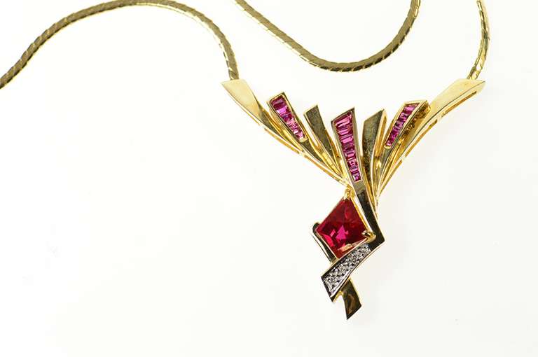 14K Yellow Gold Fancy Syn. Ruby Diamond Chevron Chain Necklace