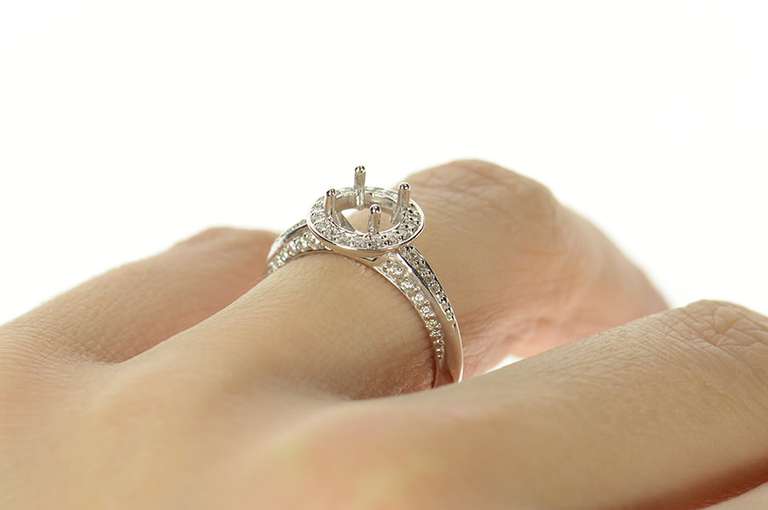 14K White Gold Diamond Halo 5.25mm Engagement Setting Ring