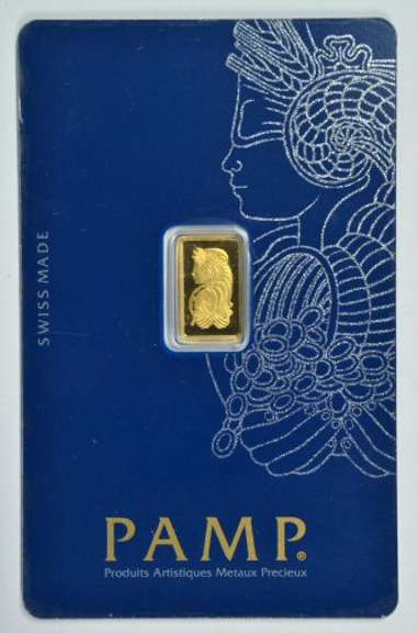 Pure .9999 fine gold 1 gram PAMP bar in custom card